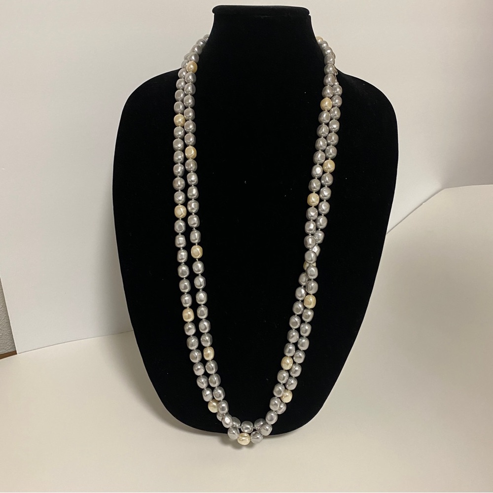 Vintage Grey and Cream Faux Shiny Pearl 77” Necklace